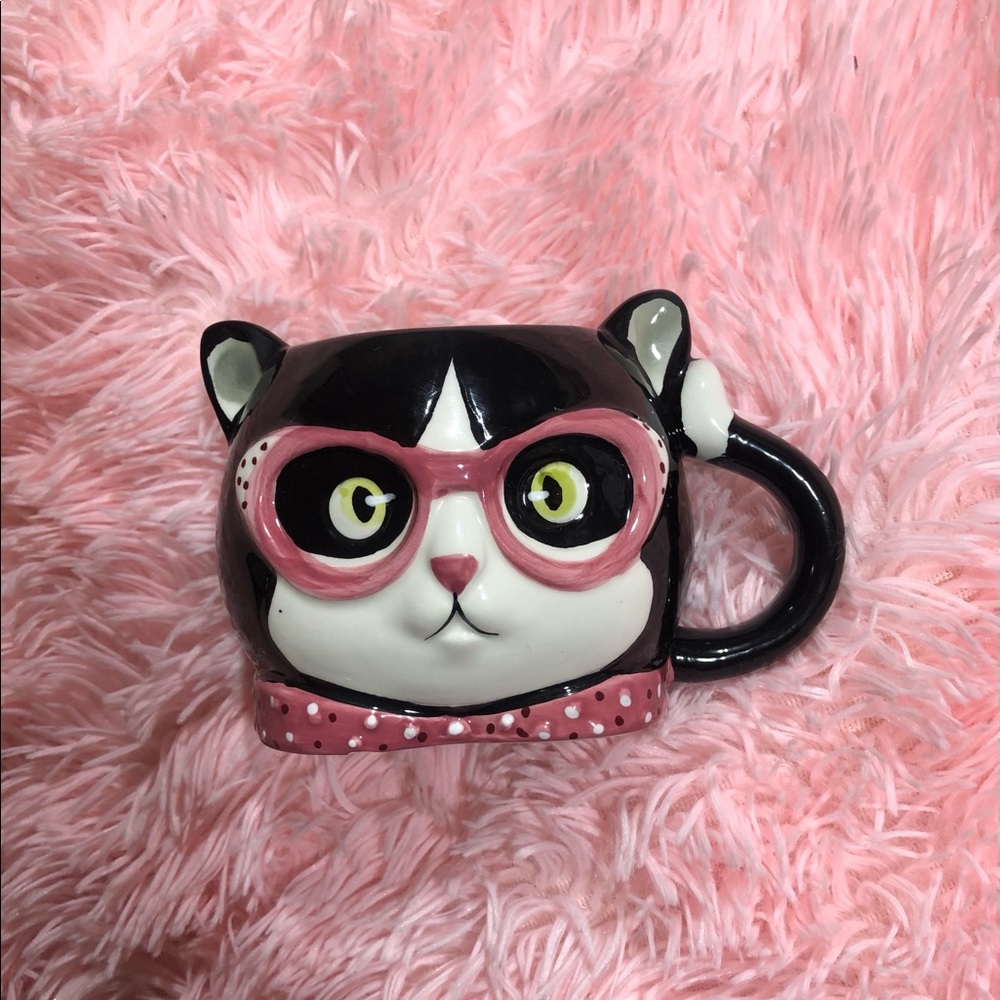 Black Cat With Polka Dot Pink Glasses Ears Earthenware Coffee Tea Cup Mug *